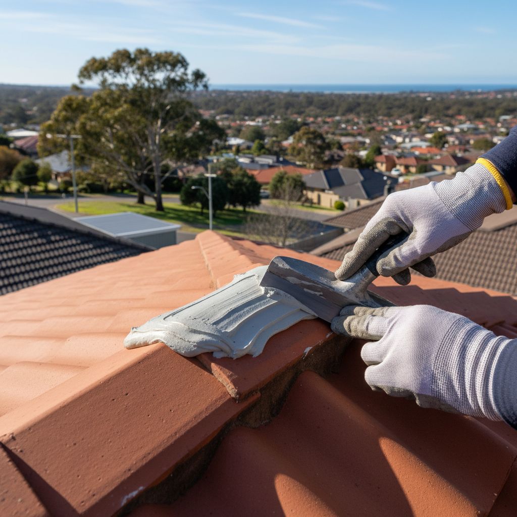 Ridge cap being repointed with flexible compound
